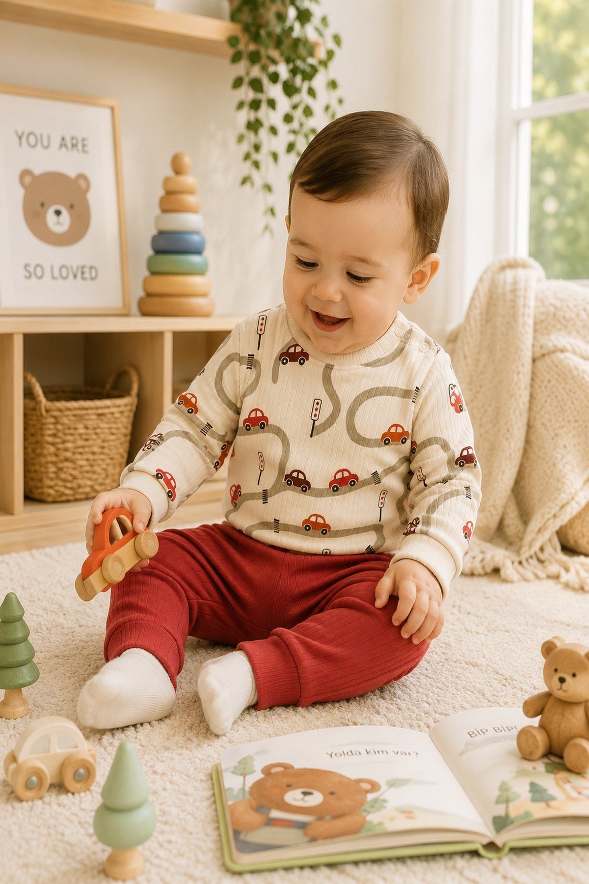 Erkek Bebek Araba Desenli Ribanalı Alt Üst Takım 3-6-9-12 Aylık