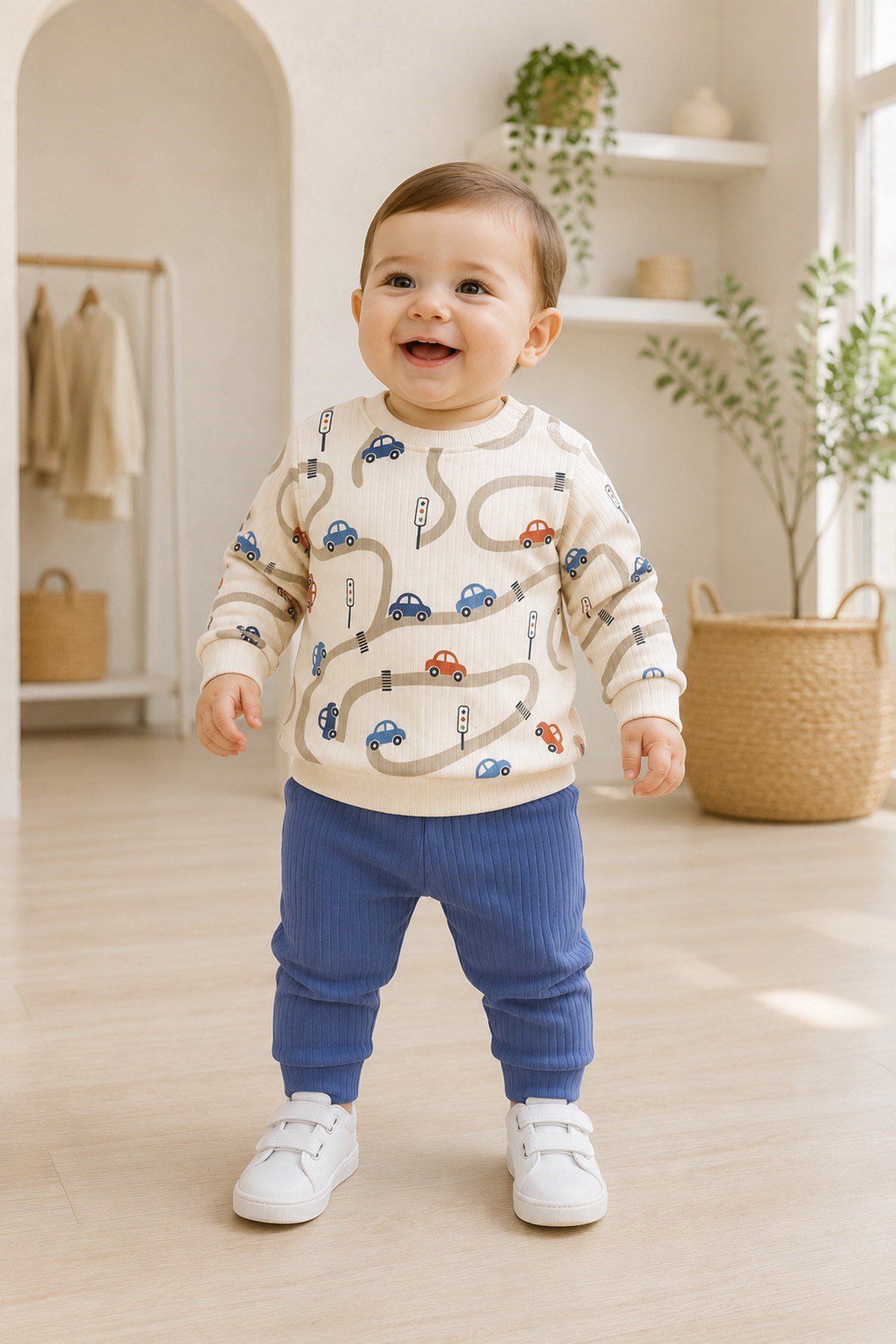 Erkek Bebek Araba Desenli Ribanalı Alt Üst Takım 3-6-9-12 Aylık