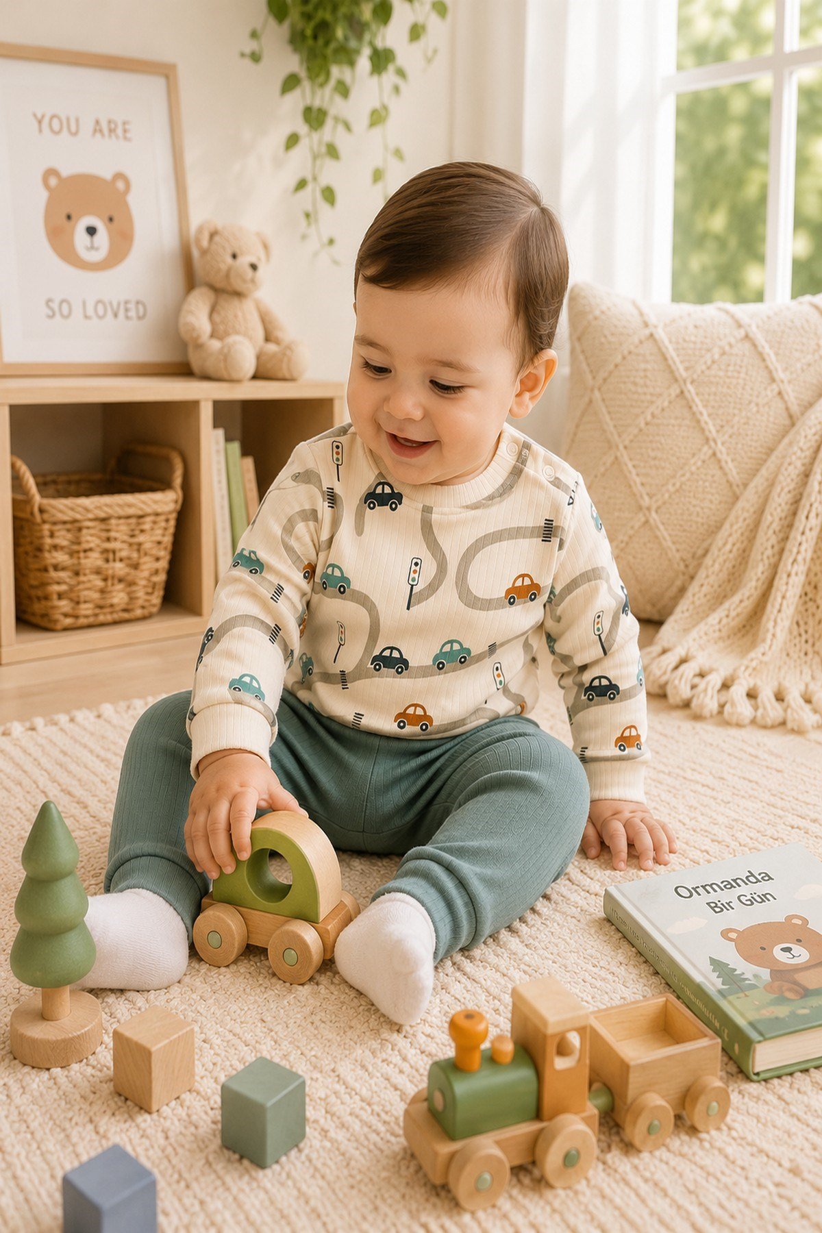 Erkek Bebek Araba Desenli Ribanalı Alt Üst Takım 3-6-9-12 Aylık