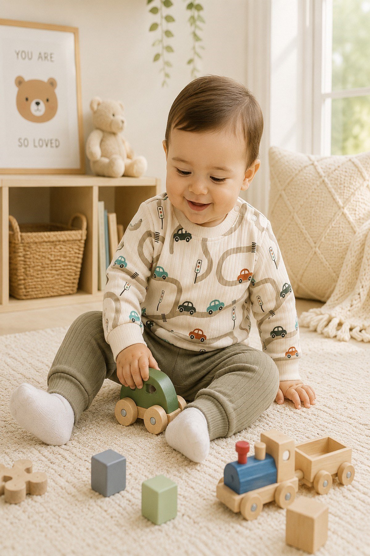 Erkek Bebek Araba Desenli Ribanalı Alt Üst Takım 3-6-9-12 Aylık