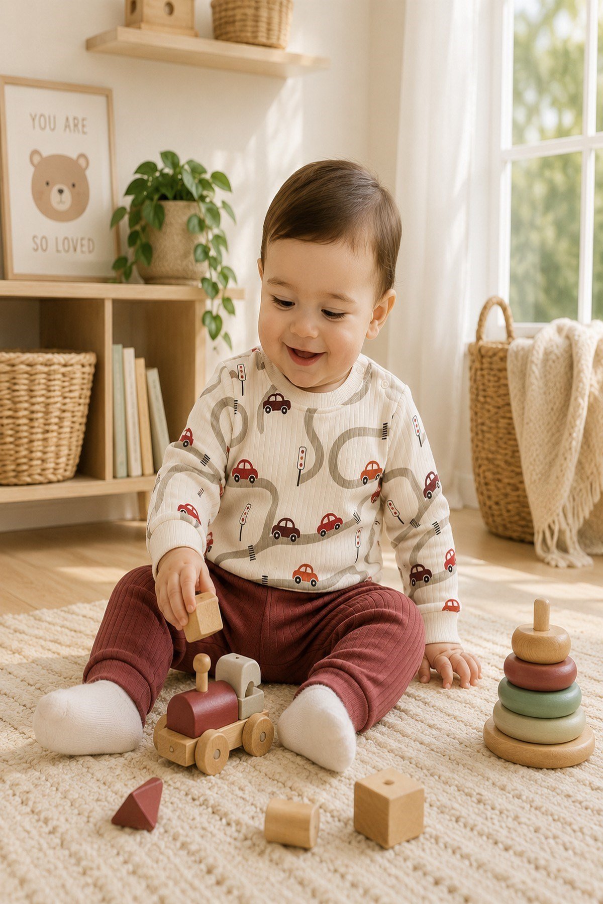 Erkek Bebek Araba Desenli Ribanalı Alt Üst Takım 3-6-9-12 Aylık