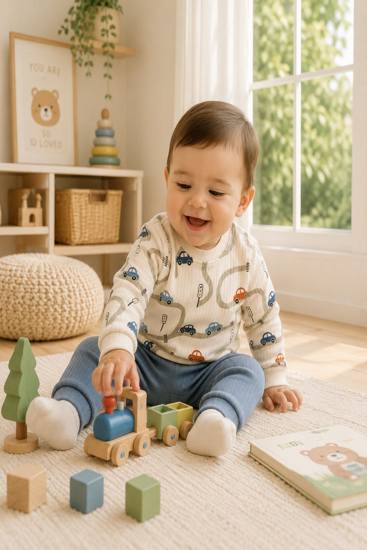 Erkek Bebek Araba Desenli Ribanalı Alt Üst Takım 3-6-9-12 Aylık