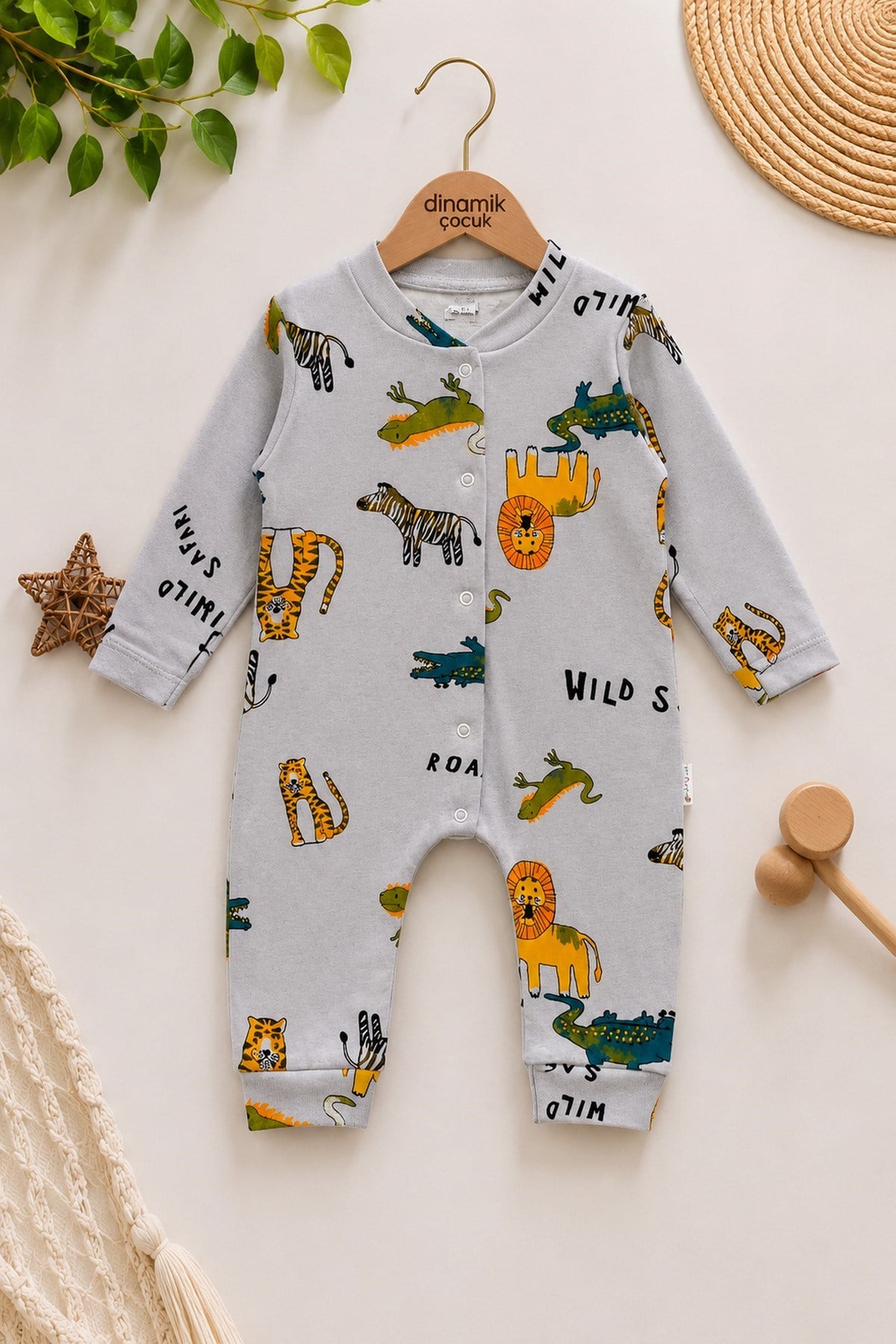 Erkek Bebek Armut Baskılı Fitilli Kumaş Çıtçıtlı Yenidoğan Bebek Tulumu %100 Pamuk Esnek 1-3-6aylık