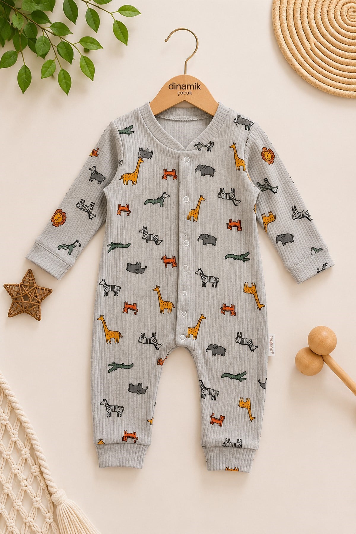Erkek Bebek Armut Baskılı Fitilli Kumaş Çıtçıtlı Yenidoğan Bebek Tulumu %100 Pamuk Esnek 1-3-6aylık