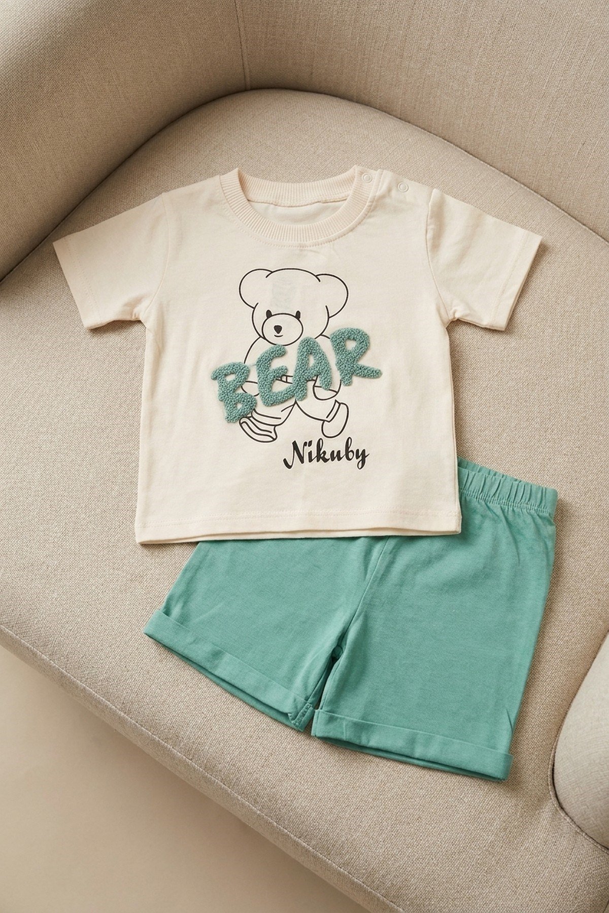 Erkek Bebek Ayıcık Baskılı BEAR Buklet Nakışlı Şortlu 2'li Yazlık Takım Alt Üst Takım 3-6-9-12 Aylık