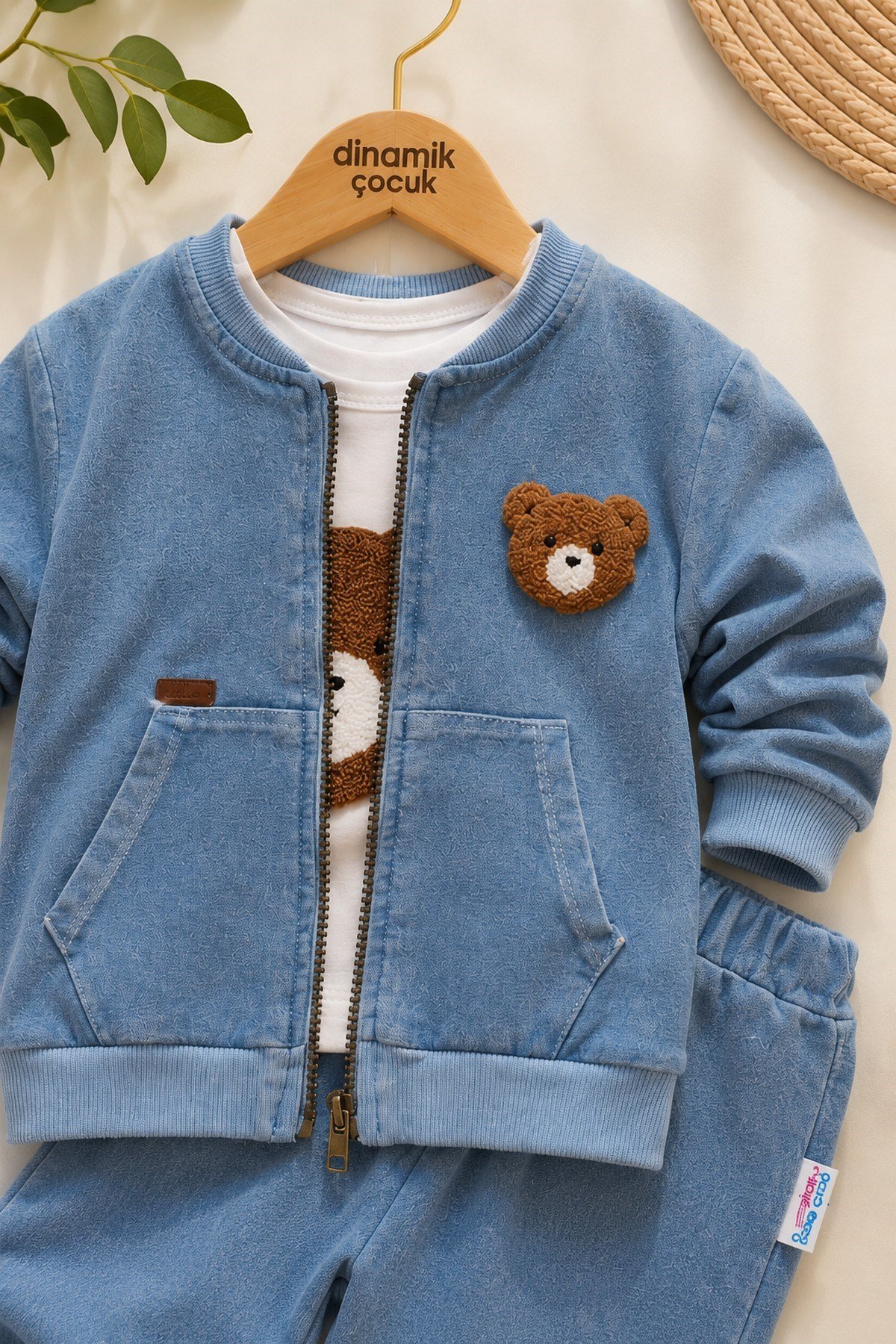 Erkek Bebek Ayıcık Nakışlı 3'lü Takım Denim Kot Görünümlü Fermuarlı Ceket + Badi + Eşofman Altı Mevsimlik Bayramlık 6-9-12-18-24aylık