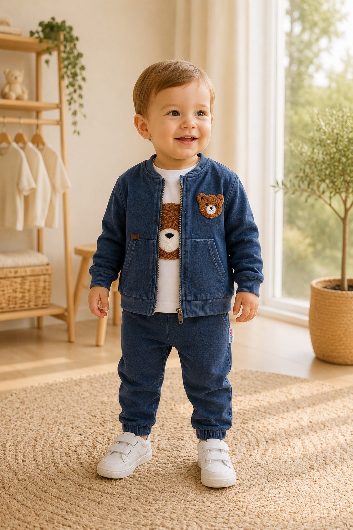 Erkek Bebek Ayıcık Nakışlı 3'lü Takım Denim Kot Görünümlü Fermuarlı Ceket + Badi + Eşofman Altı Mevsimlik Bayramlık 6-9-12-18-24aylık