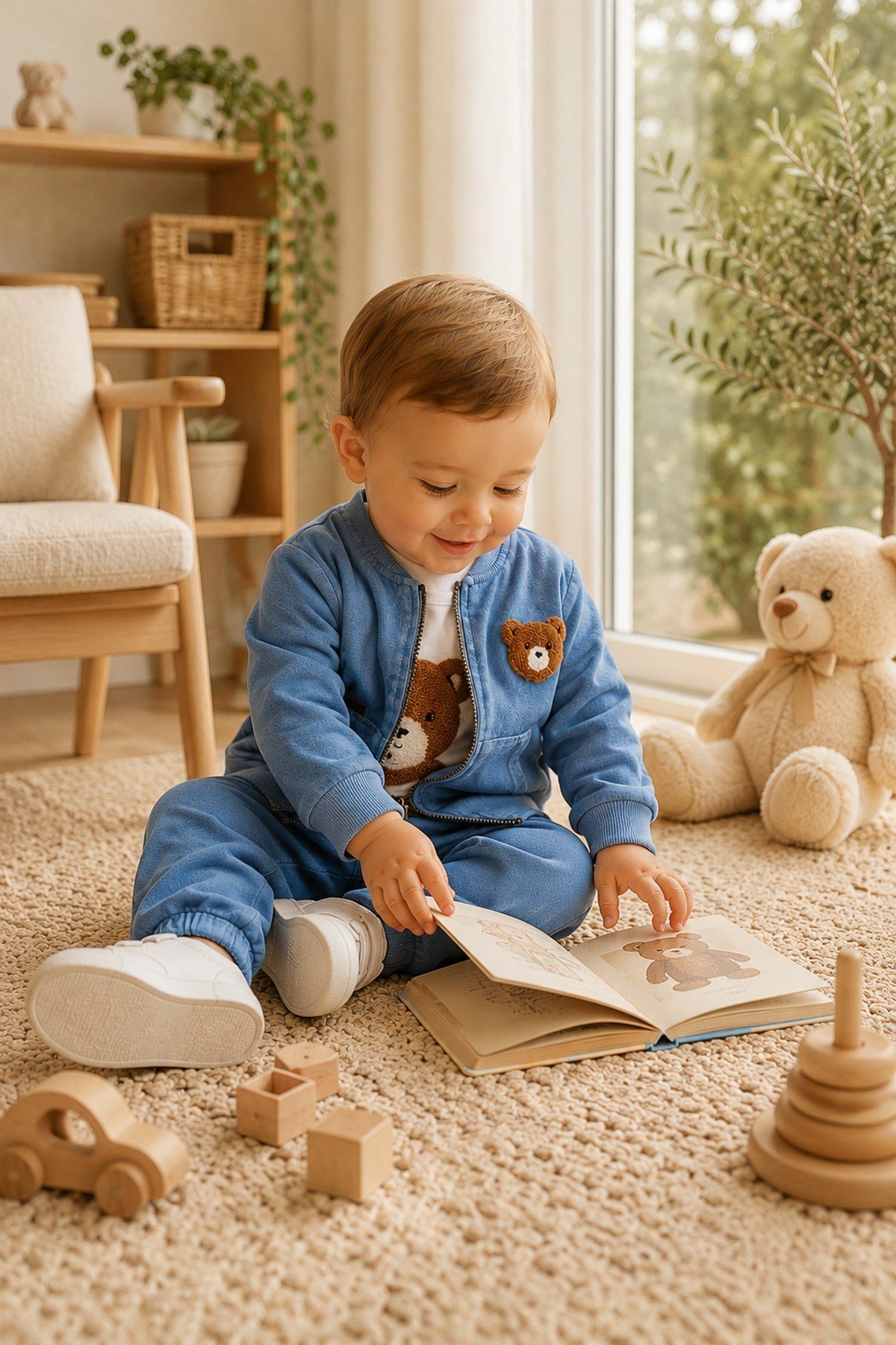 Erkek Bebek Ayıcık Nakışlı 3'lü Takım Denim Kot Görünümlü Fermuarlı Ceket + Badi + Eşofman Altı Mevsimlik Bayramlık 6-9-12-18-24aylık