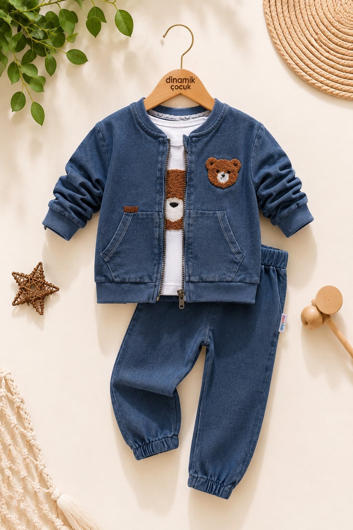 Erkek Bebek Ayıcık Nakışlı 3'lü Takım Denim Kot Görünümlü Fermuarlı Ceket + Badi + Eşofman Altı Mevsimlik Bayramlık 6-9-12-18-24aylık