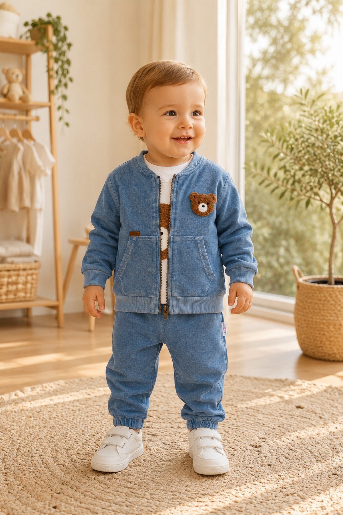 Erkek Bebek Ayıcık Nakışlı 3'lü Takım Denim Kot Görünümlü Fermuarlı Ceket + Badi + Eşofman Altı Mevsimlik Bayramlık 6-9-12-18-24aylık