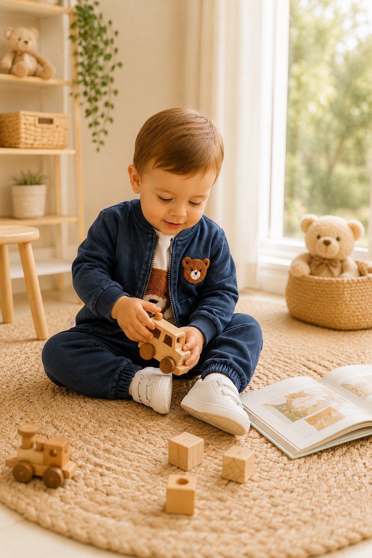 Erkek Bebek Ayıcık Nakışlı 3'lü Takım Denim Kot Görünümlü Fermuarlı Ceket + Badi + Eşofman Altı Mevsimlik Bayramlık 6-9-12-18-24aylık