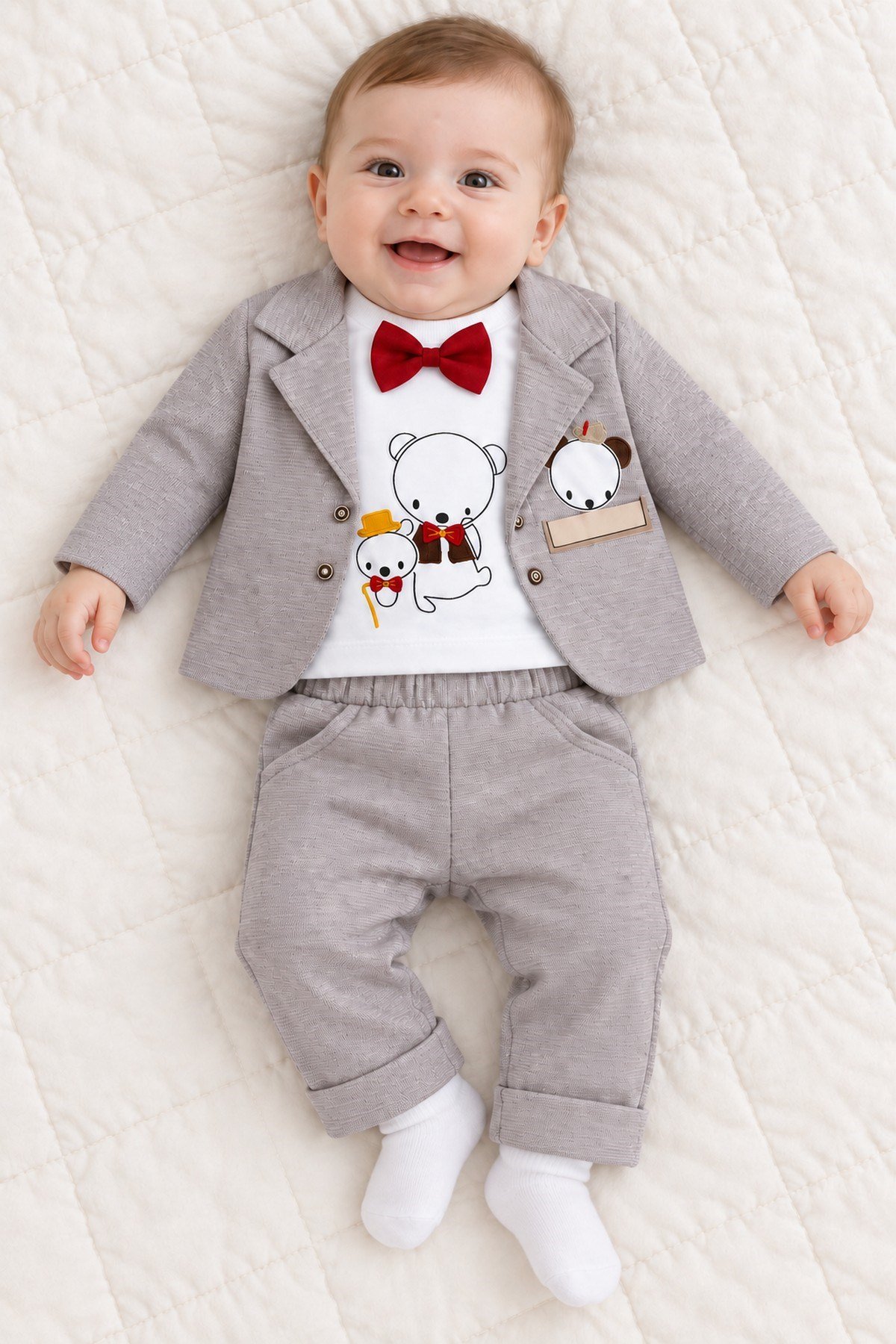 Erkek Bebek Ayıcık Nakışlı Papyonlu Ceket, Sweatshirt ve Pantolon 3'lü Takım Bayramlık 0-3-6aylık