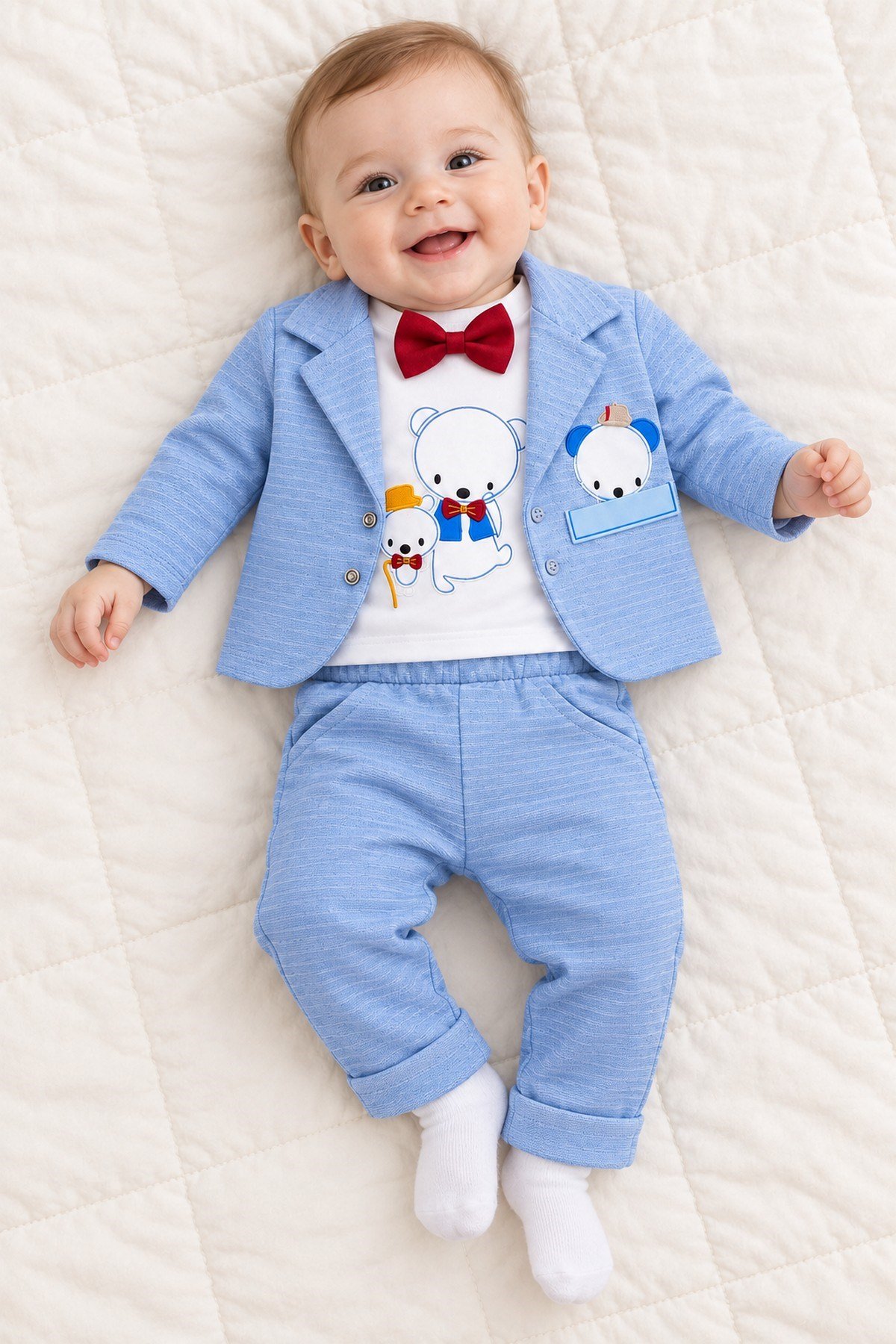 Erkek Bebek Ayıcık Nakışlı Papyonlu Ceket, Sweatshirt ve Pantolon 3'lü Takım Bayramlık 0-3-6aylık