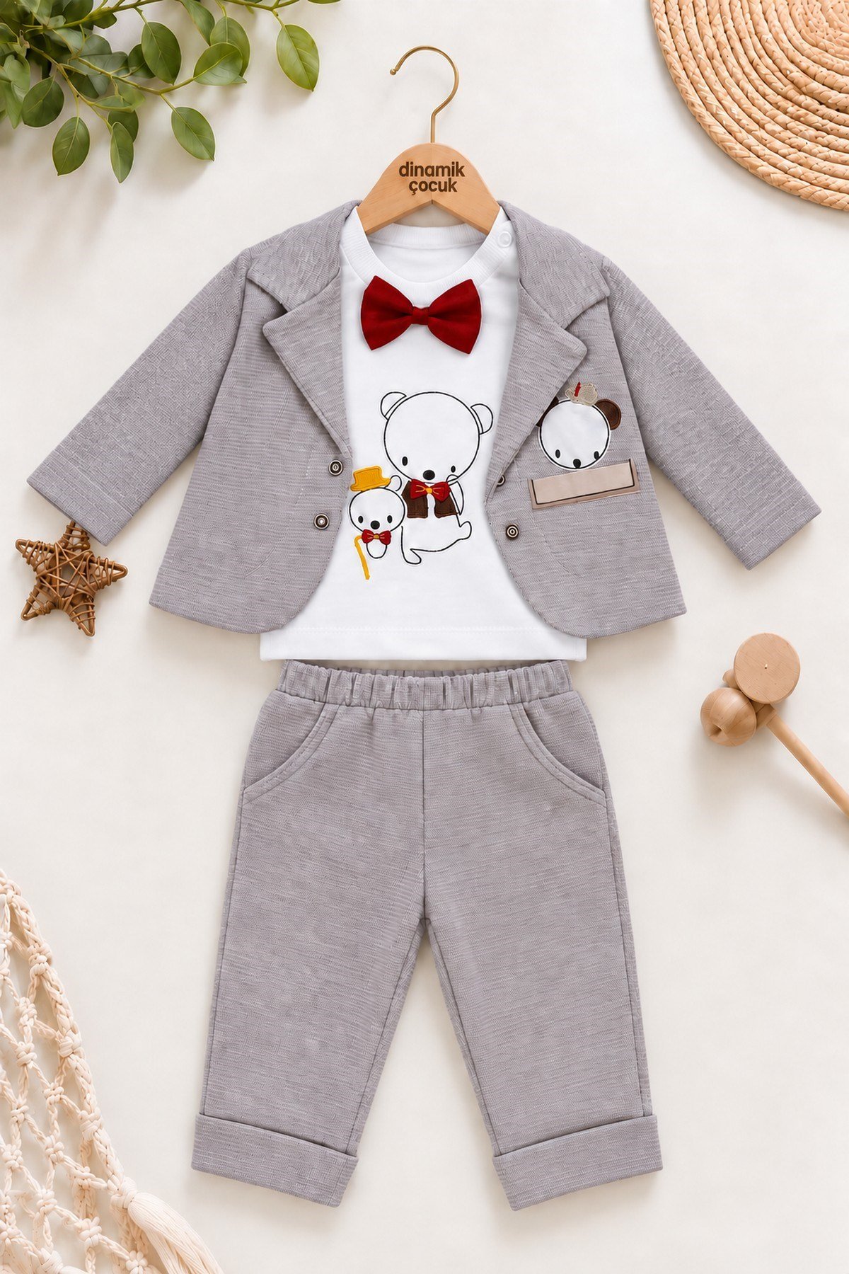 Erkek Bebek Ayıcık Nakışlı Papyonlu Ceket, Sweatshirt ve Pantolon 3'lü Takım Bayramlık 0-3-6aylık