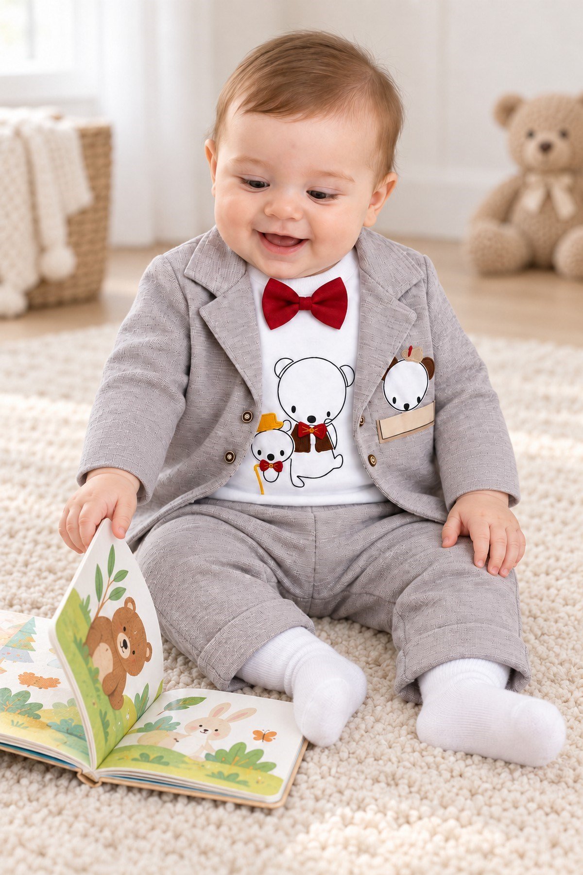 Erkek Bebek Ayıcık Nakışlı Papyonlu Ceket, Sweatshirt ve Pantolon 3'lü Takım Bayramlık 0-3-6aylık