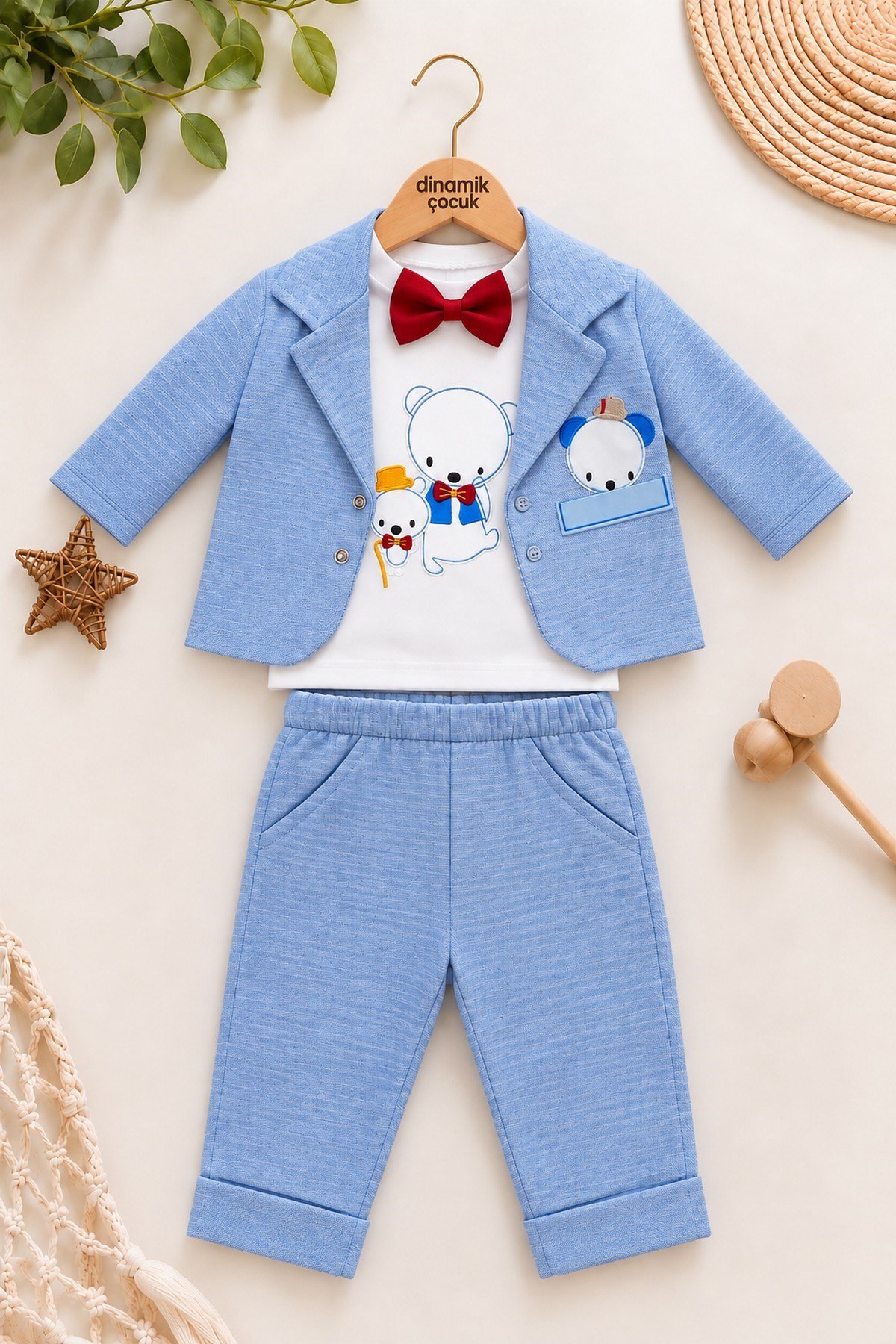 Erkek Bebek Ayıcık Nakışlı Papyonlu Ceket, Sweatshirt ve Pantolon 3'lü Takım Bayramlık 0-3-6aylık