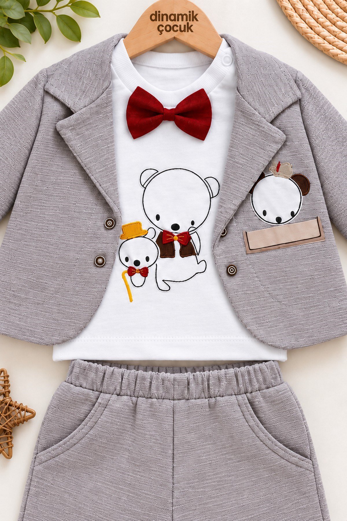 Erkek Bebek Ayıcık Nakışlı Papyonlu Ceket, Sweatshirt ve Pantolon 3'lü Takım Bayramlık 0-3-6aylık