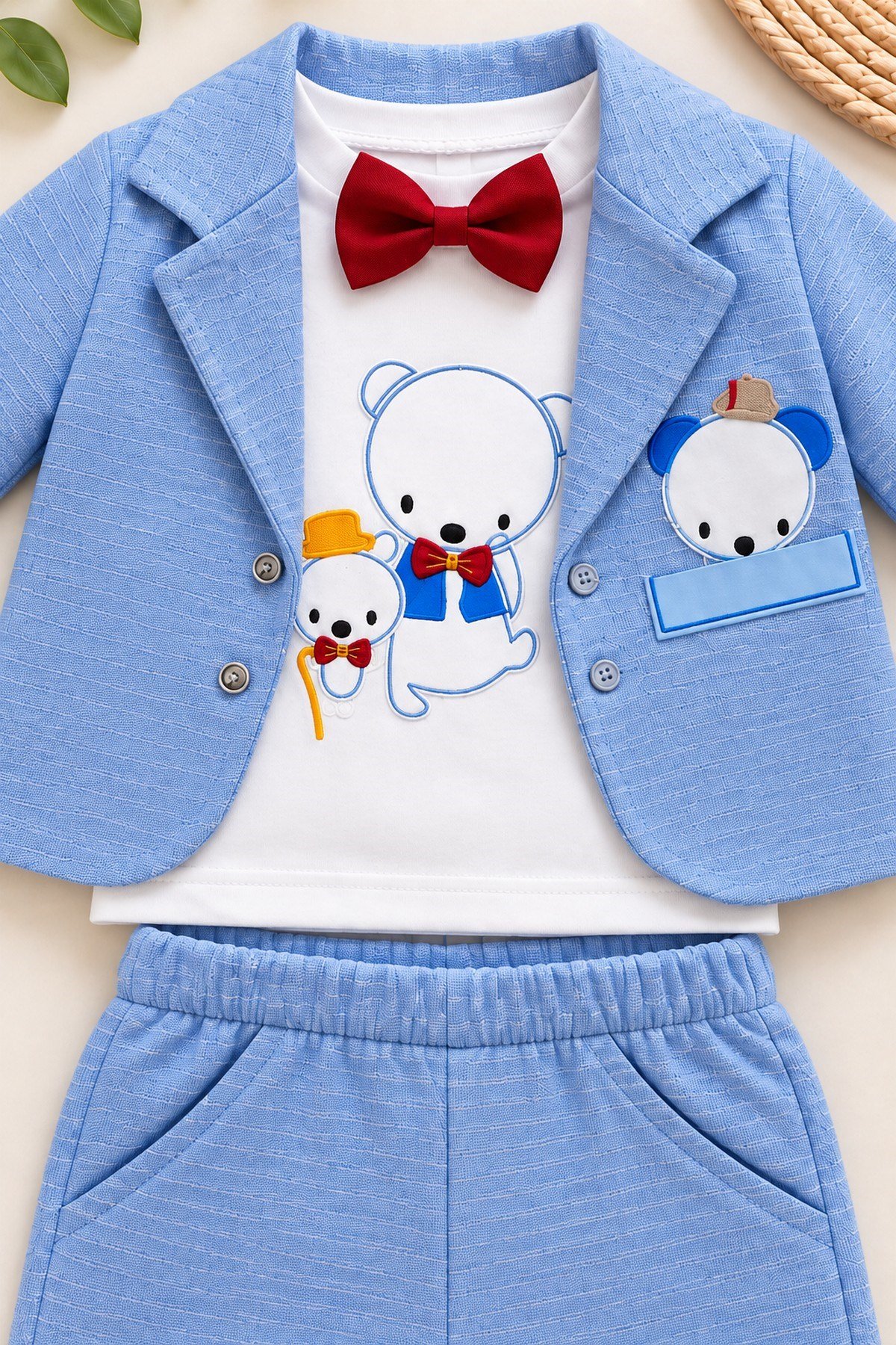 Erkek Bebek Ayıcık Nakışlı Papyonlu Ceket, Sweatshirt ve Pantolon 3'lü Takım Bayramlık 0-3-6aylık
