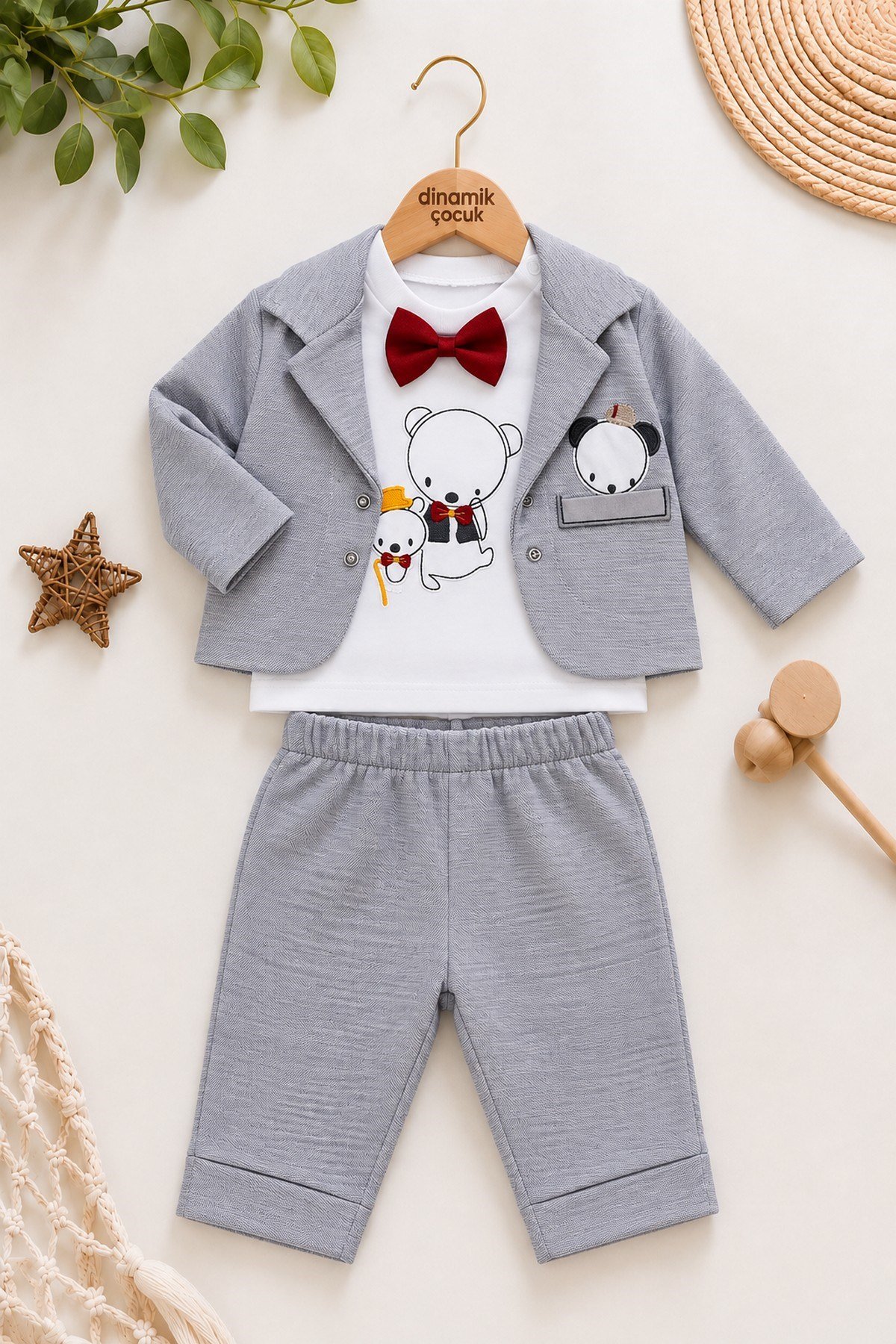 Erkek Bebek Ayıcık Nakışlı Papyonlu Ceket, Sweatshirt ve Pantolon 3'lü Takım Bayramlık 0-3-6aylık