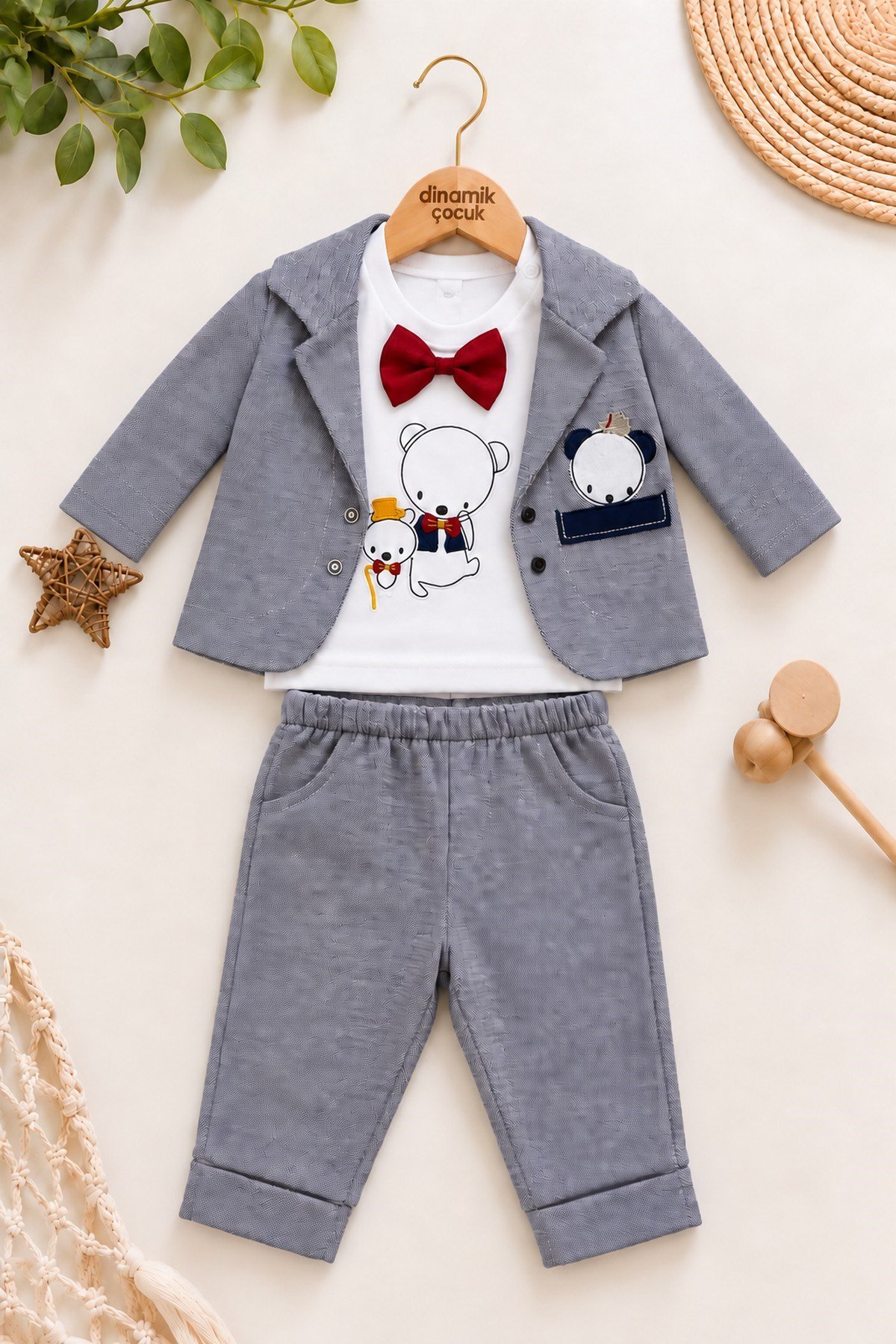Erkek Bebek Ayıcık Nakışlı Papyonlu Ceket, Sweatshirt ve Pantolon 3'lü Takım Bayramlık 0-3-6aylık