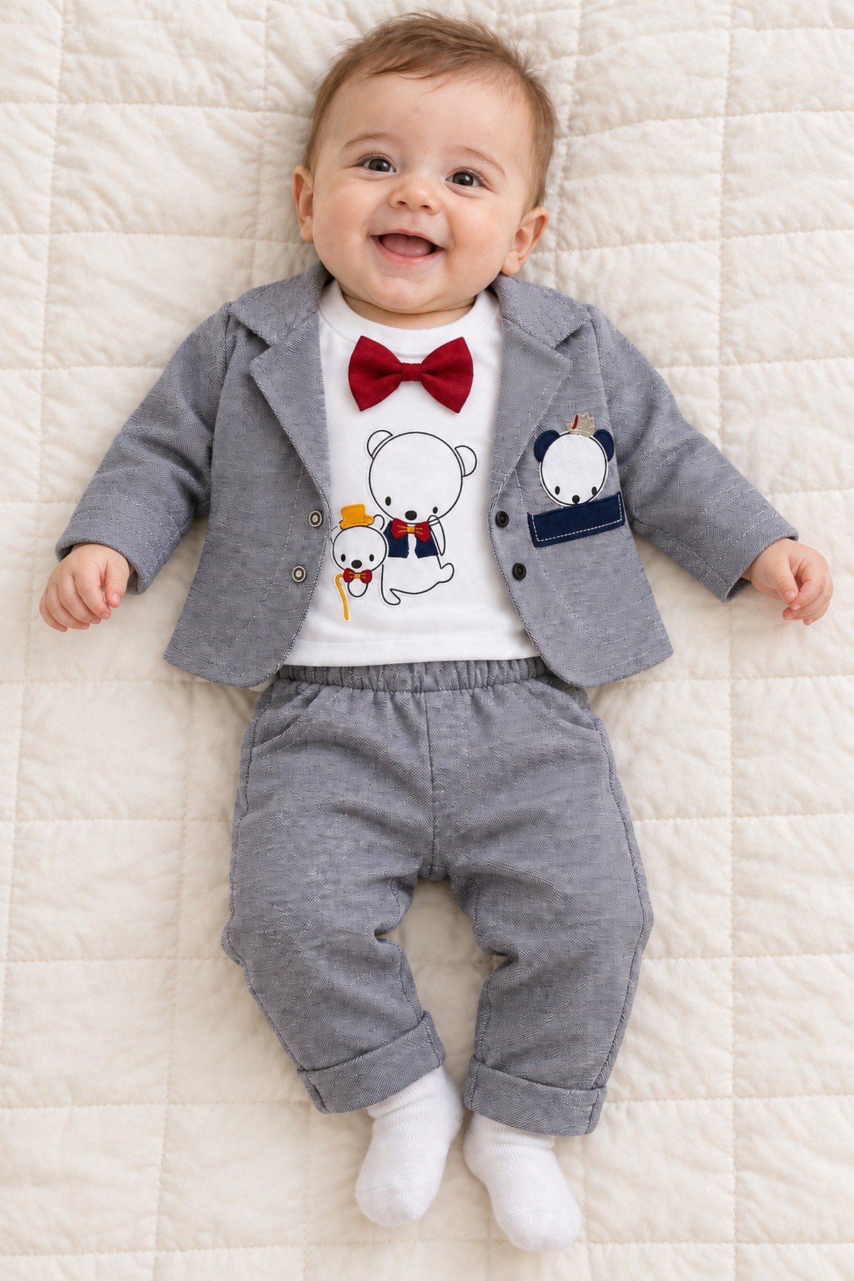 Erkek Bebek Ayıcık Nakışlı Papyonlu Ceket, Sweatshirt ve Pantolon 3'lü Takım Bayramlık 0-3-6aylık