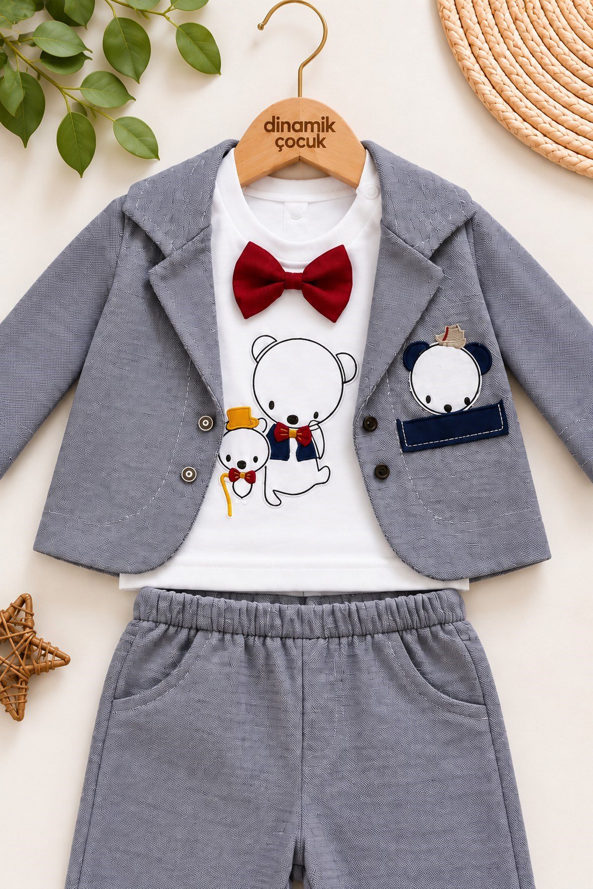 Erkek Bebek Ayıcık Nakışlı Papyonlu Ceket, Sweatshirt ve Pantolon 3'lü Takım Bayramlık 0-3-6aylık