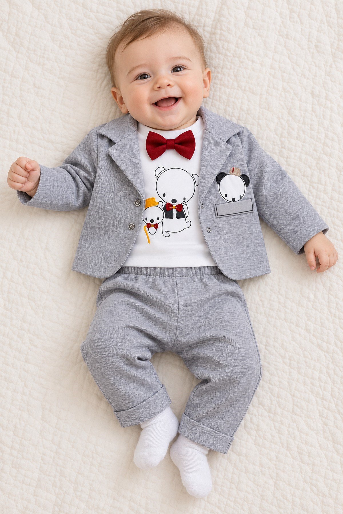 Erkek Bebek Ayıcık Nakışlı Papyonlu Ceket, Sweatshirt ve Pantolon 3'lü Takım Bayramlık 0-3-6aylık