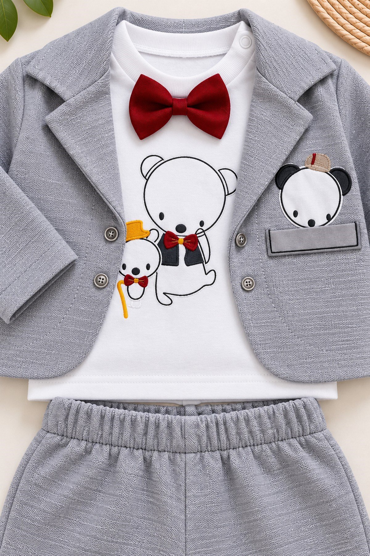 Erkek Bebek Ayıcık Nakışlı Papyonlu Ceket, Sweatshirt ve Pantolon 3'lü Takım Bayramlık 0-3-6aylık