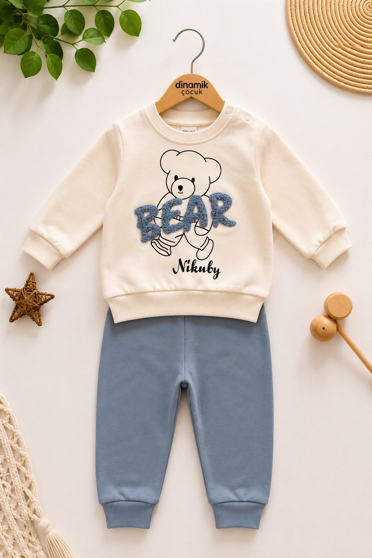 Erkek Bebek Bear Nakışlı 2'li Takım Mevsimlik Uzun Kollu Sweatshirt Eşofman Altı Takımı 3-12 Aylık