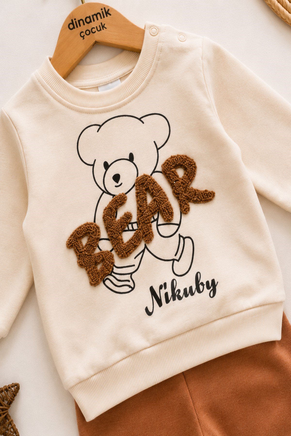Erkek Bebek Bear Nakışlı 2'li Takım Mevsimlik Uzun Kollu Sweatshirt Eşofman Altı Takımı 3-12 Aylık