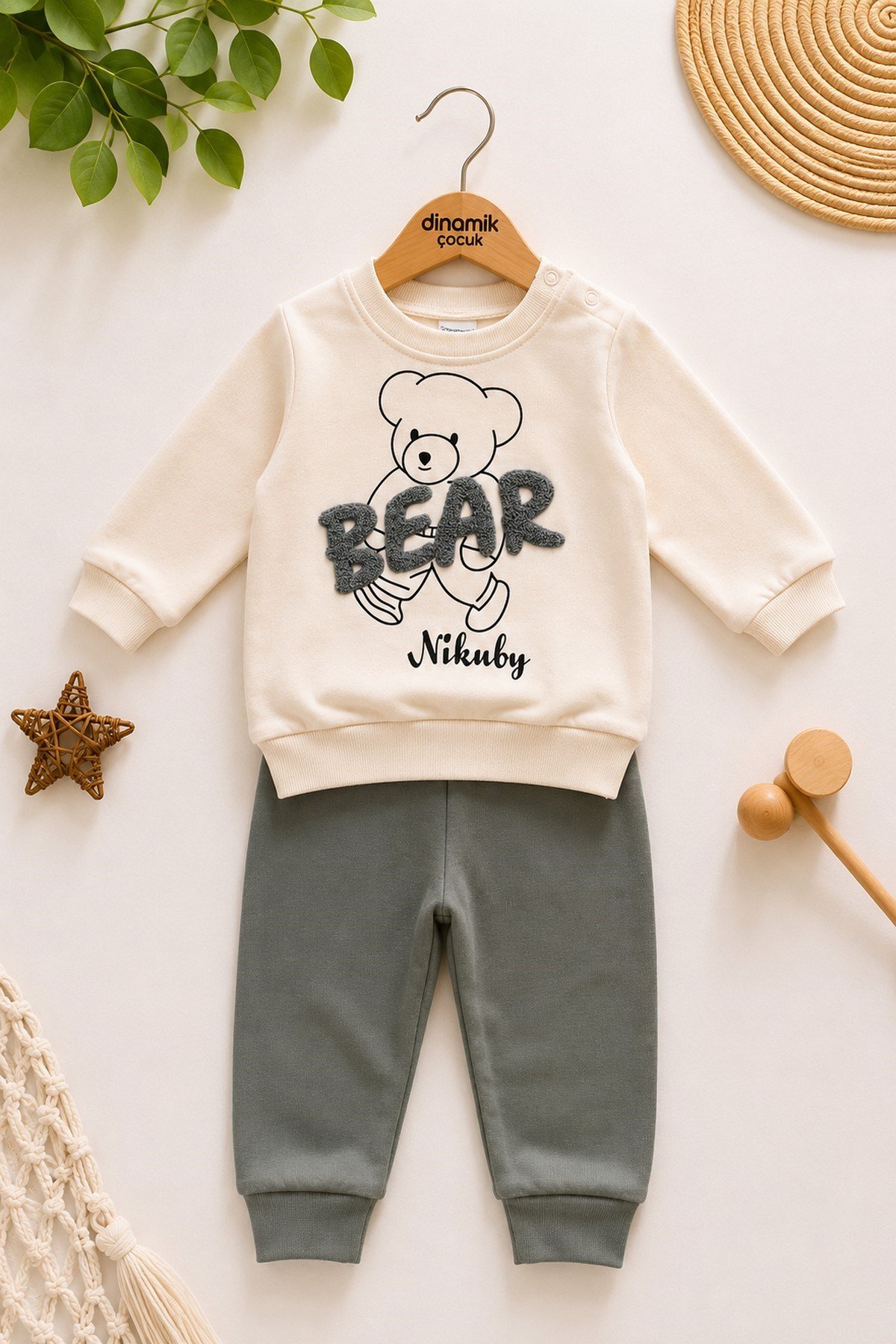 Erkek Bebek Bear Nakışlı 2'li Takım Mevsimlik Uzun Kollu Sweatshirt Eşofman Altı Takımı 3-12 Aylık