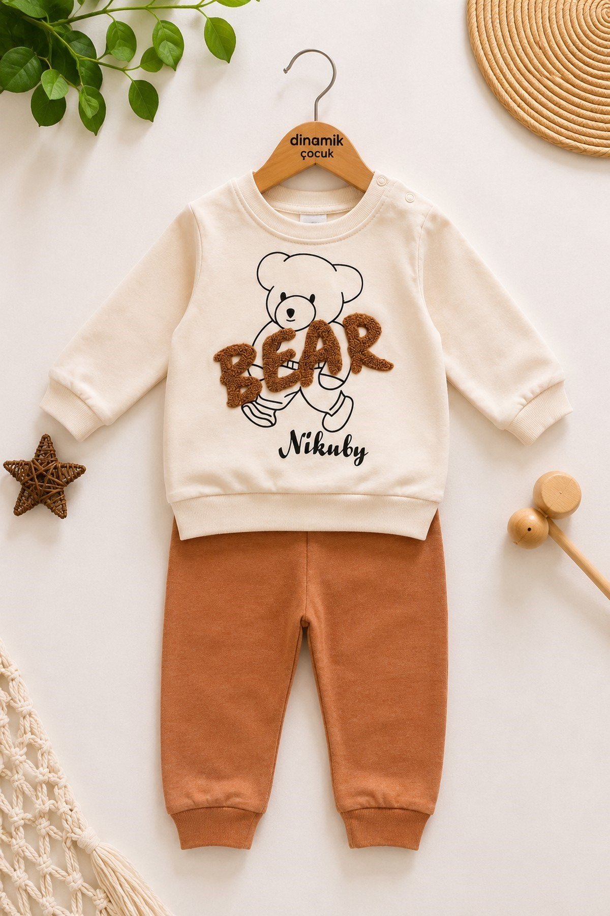 Erkek Bebek Bear Nakışlı 2'li Takım Mevsimlik Uzun Kollu Sweatshirt Eşofman Altı Takımı 3-12 Aylık