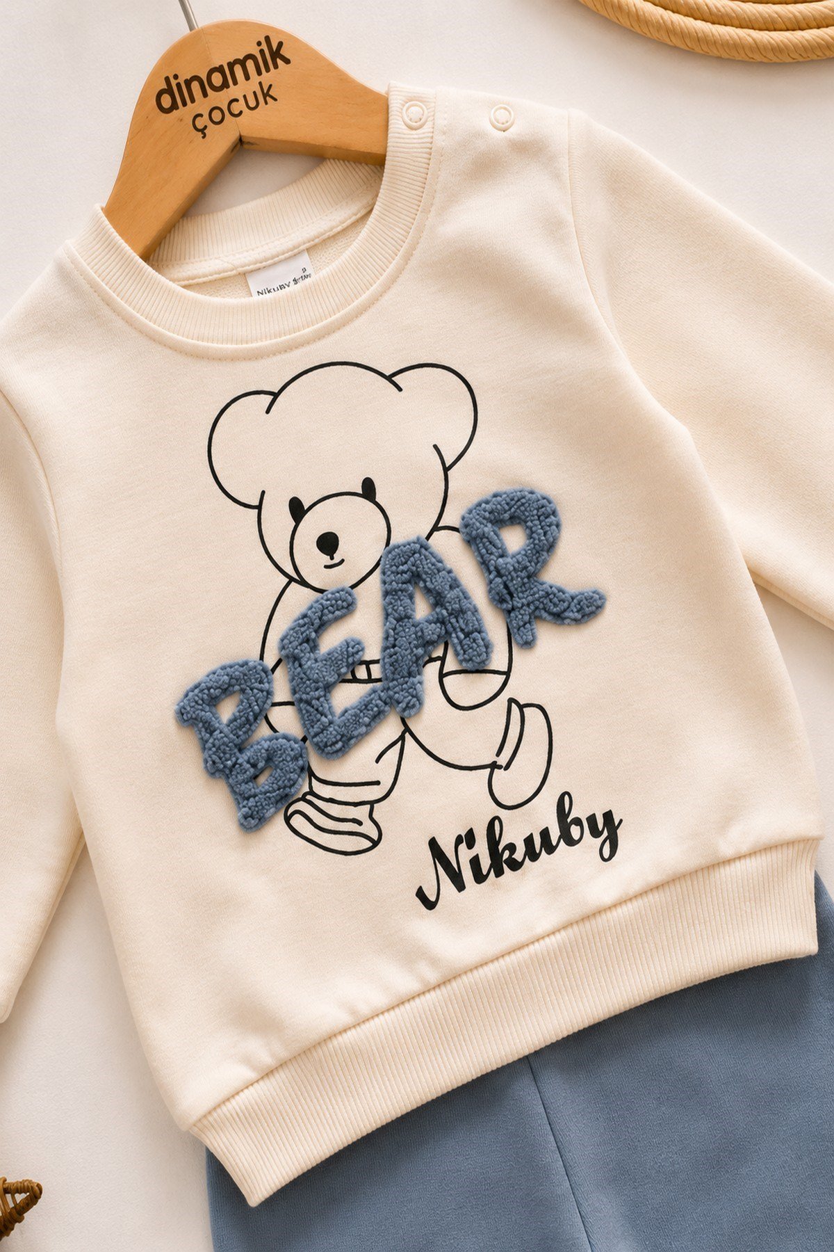 Erkek Bebek Bear Nakışlı 2'li Takım Mevsimlik Uzun Kollu Sweatshirt Eşofman Altı Takımı 3-12 Aylık