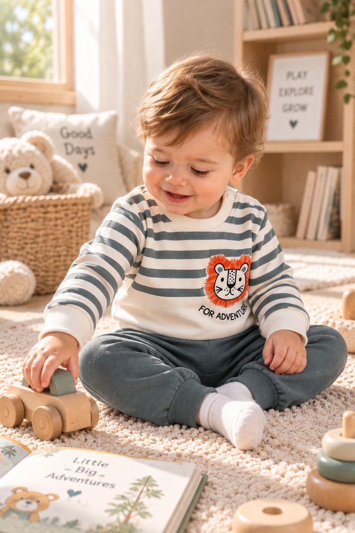 Erkek Bebek Çizgili Aslan Baskılı Sweatshirt Eşofman Alt Üst 2'li Takım 3-6-9-12aylık