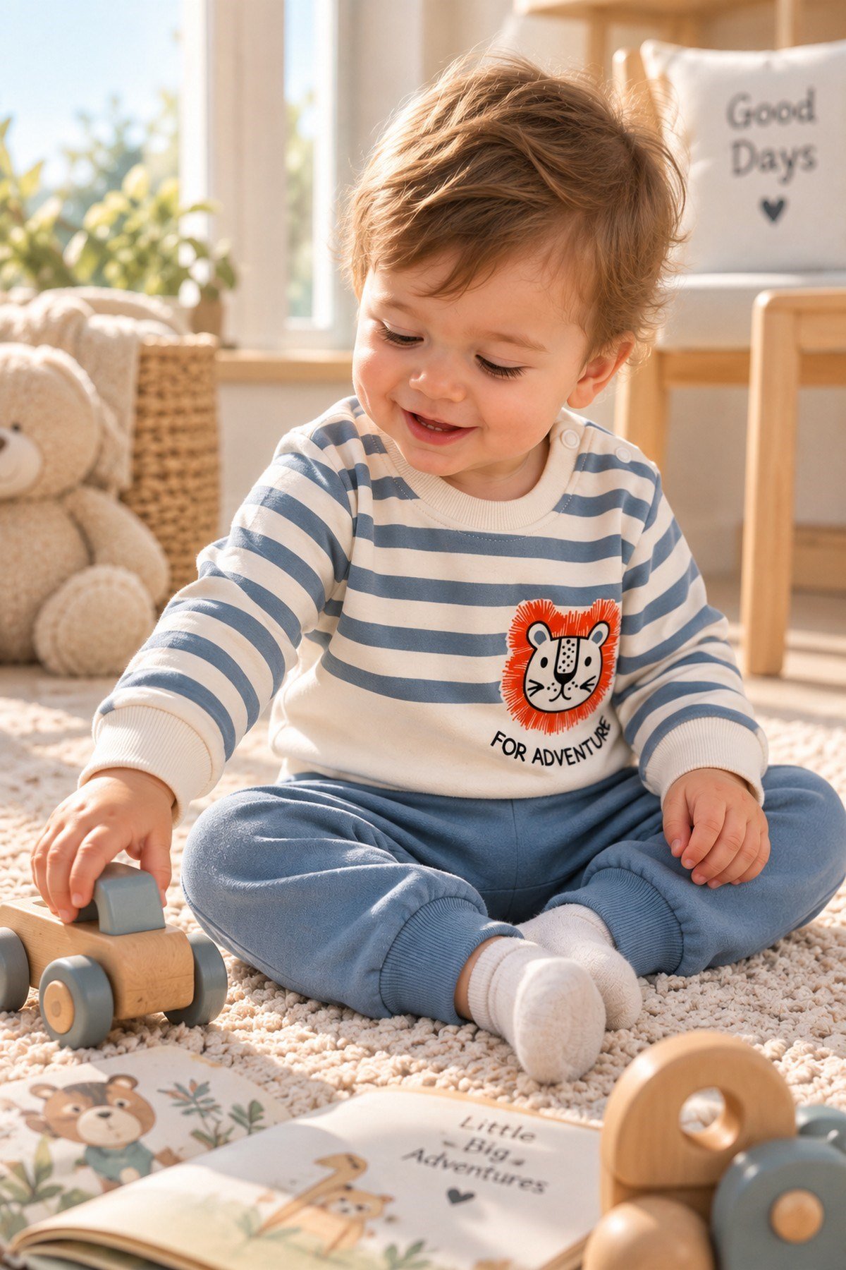 Erkek Bebek Çizgili Aslan Baskılı Sweatshirt Eşofman Alt Üst 2'li Takım 3-6-9-12aylık