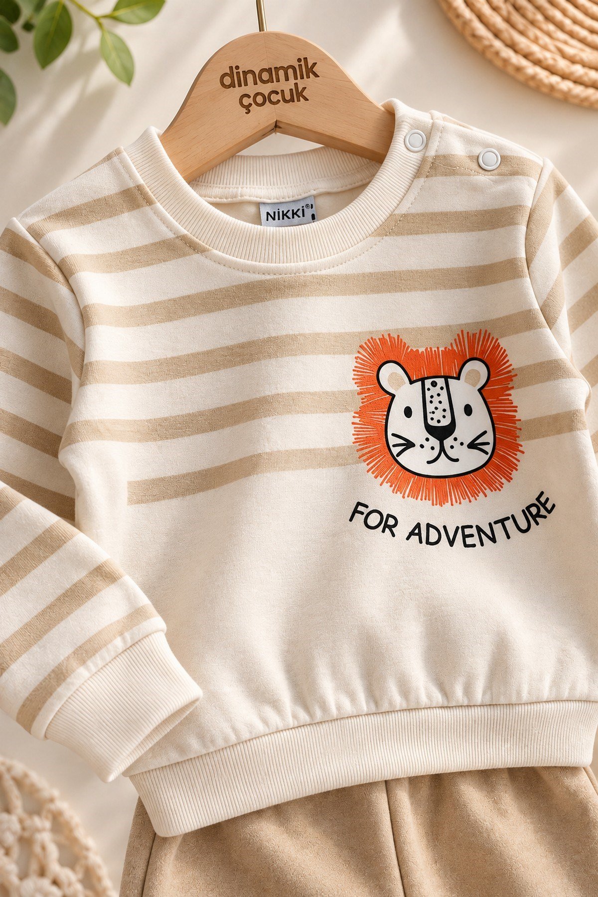 Erkek Bebek Çizgili Aslan Baskılı Sweatshirt Eşofman Alt Üst 2'li Takım 3-6-9-12aylık