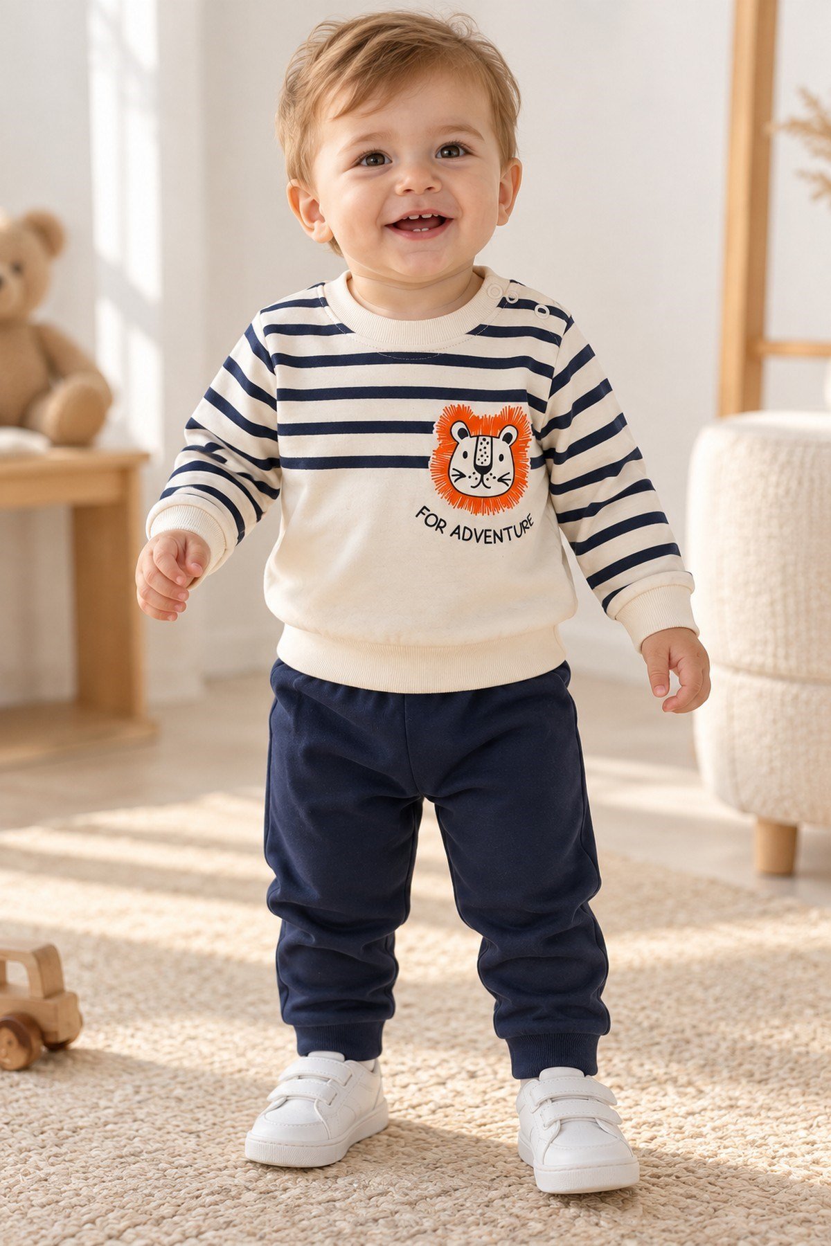 Erkek Bebek Çizgili Aslan Baskılı Sweatshirt Eşofman Alt Üst 2'li Takım 3-6-9-12aylık