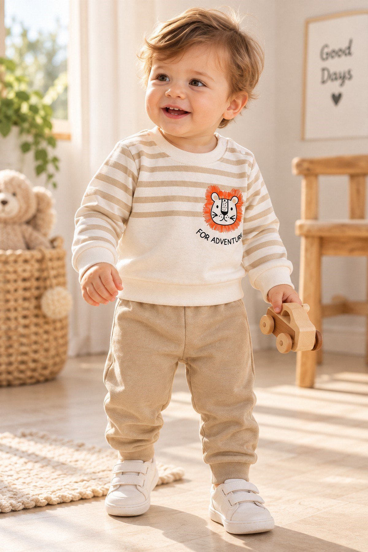 Erkek Bebek Çizgili Aslan Baskılı Sweatshirt Eşofman Alt Üst 2'li Takım 3-6-9-12aylık