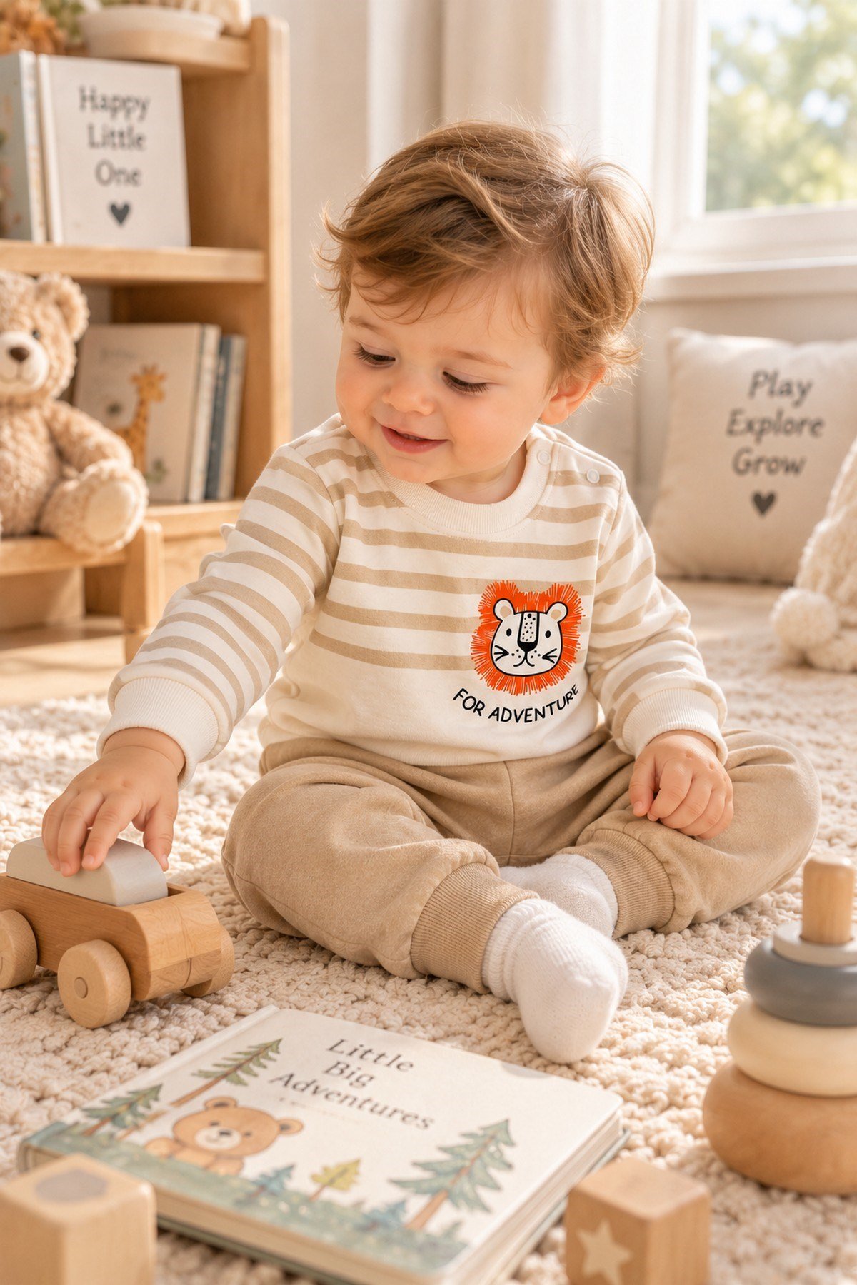 Erkek Bebek Çizgili Aslan Baskılı Sweatshirt Eşofman Alt Üst 2'li Takım 3-6-9-12aylık