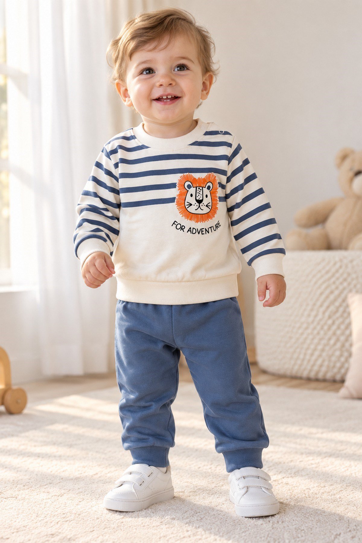 Erkek Bebek Çizgili Aslan Baskılı Sweatshirt Eşofman Alt Üst 2'li Takım 3-6-9-12aylık