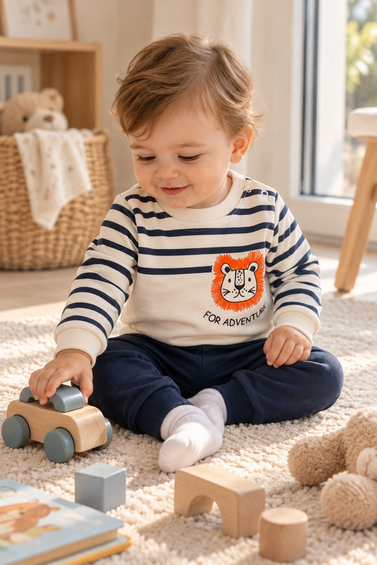Erkek Bebek Çizgili Aslan Baskılı Sweatshirt Eşofman Alt Üst 2'li Takım 3-6-9-12aylık