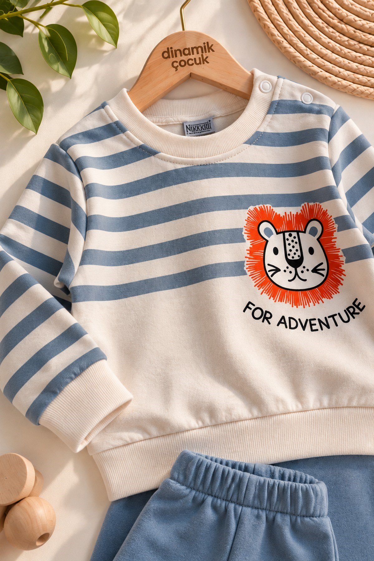 Erkek Bebek Çizgili Aslan Baskılı Sweatshirt Eşofman Alt Üst 2'li Takım 3-6-9-12aylık