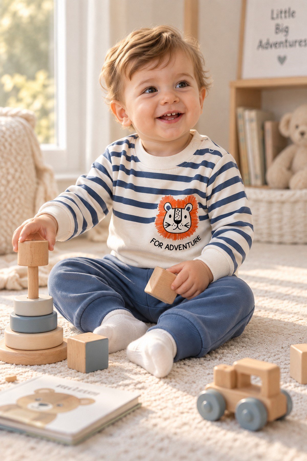 Erkek Bebek Çizgili Aslan Baskılı Sweatshirt Eşofman Alt Üst 2'li Takım 3-6-9-12aylık