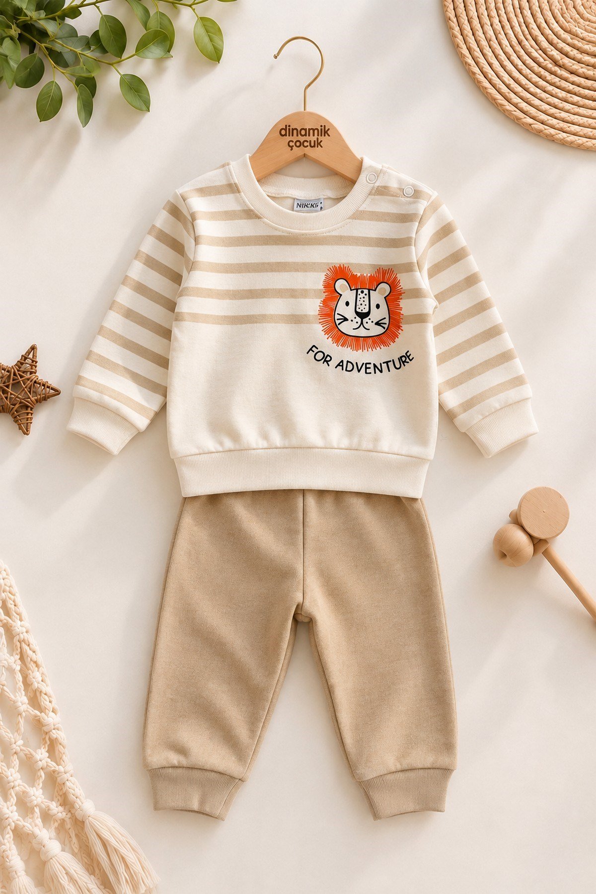 Erkek Bebek Çizgili Aslan Baskılı Sweatshirt Eşofman Alt Üst 2'li Takım 3-6-9-12aylık