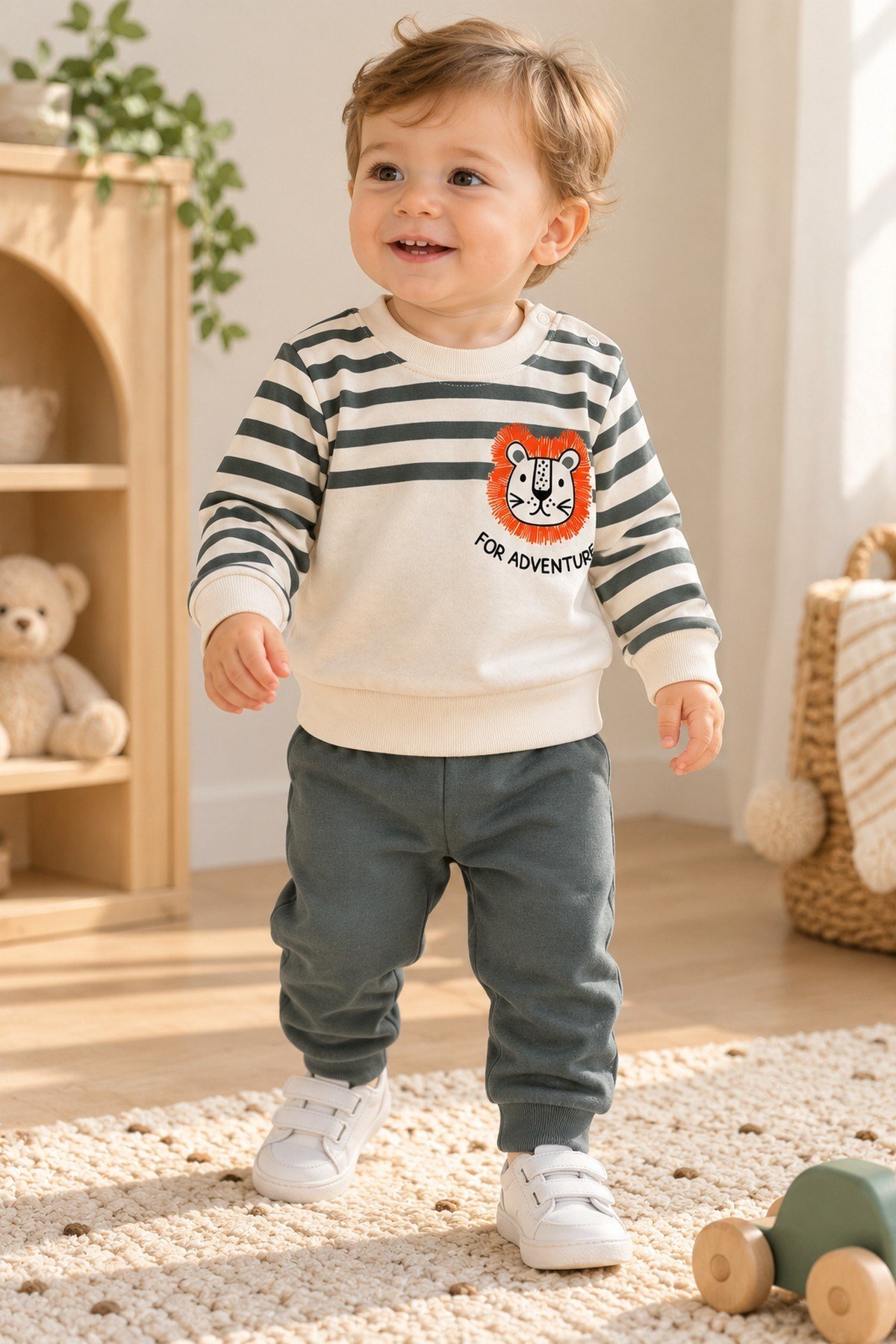 Erkek Bebek Çizgili Aslan Baskılı Sweatshirt Eşofman Alt Üst 2'li Takım 3-6-9-12aylık