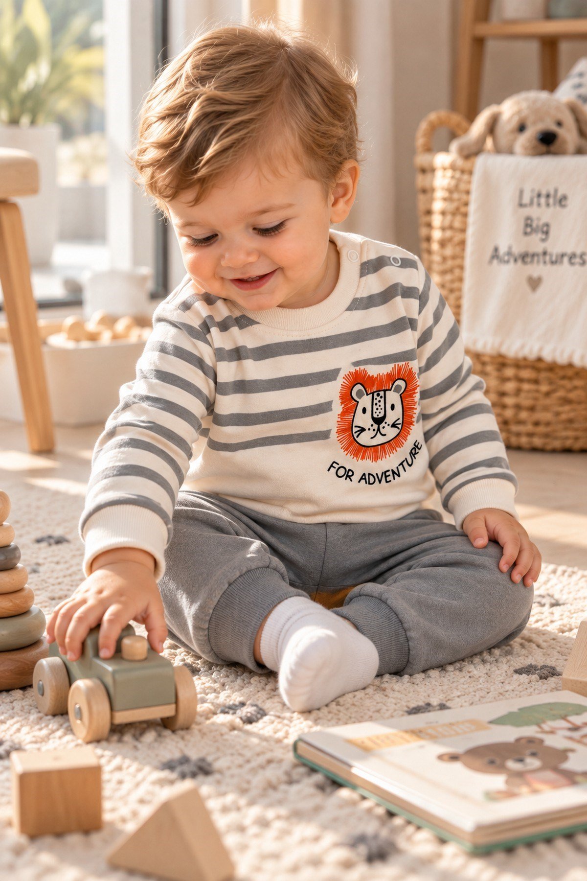 Erkek Bebek Çizgili Aslan Baskılı Sweatshirt Eşofman Alt Üst 2'li Takım 3-6-9-12aylık