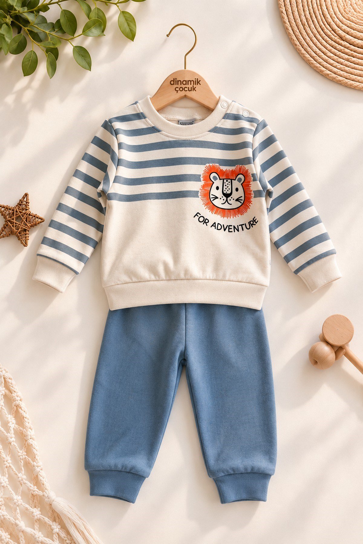 Erkek Bebek Çizgili Aslan Baskılı Sweatshirt Eşofman Alt Üst 2'li Takım 3-6-9-12aylık
