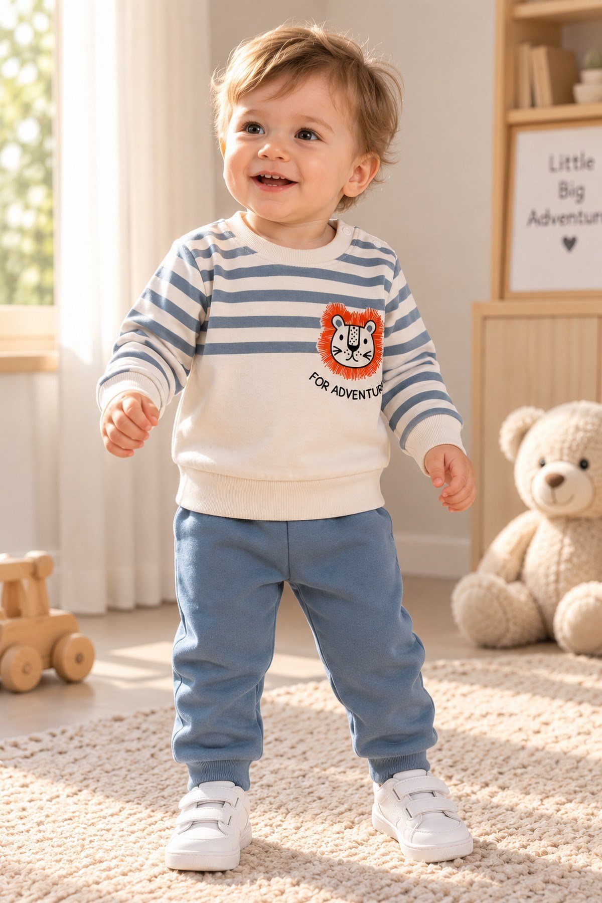 Erkek Bebek Çizgili Aslan Baskılı Sweatshirt Eşofman Alt Üst 2'li Takım 3-6-9-12aylık