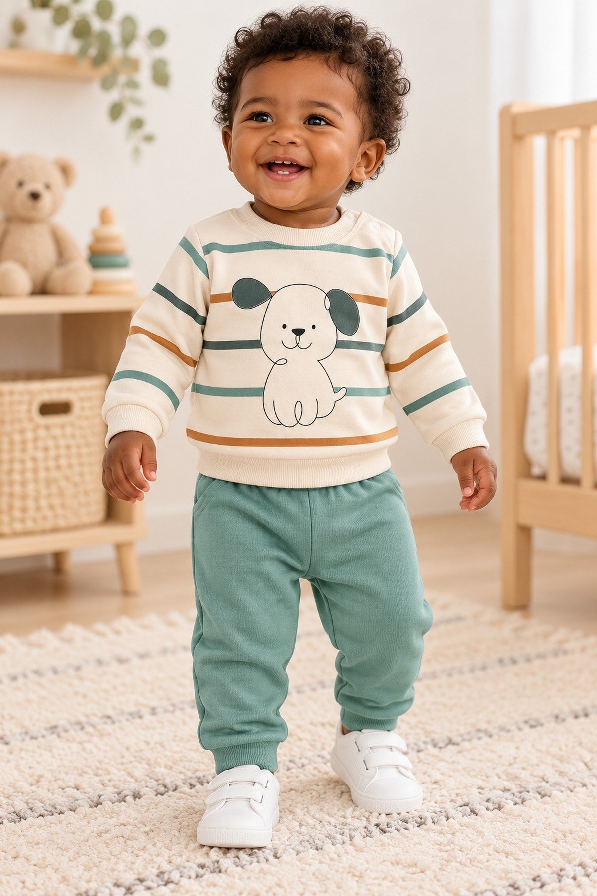 Erkek Bebek Çizgili Köpek Baskılı Omuzdan Çıtçıtlı Sweatshirt 2'li Alt Üst Eşofman Takımı 3-12ay