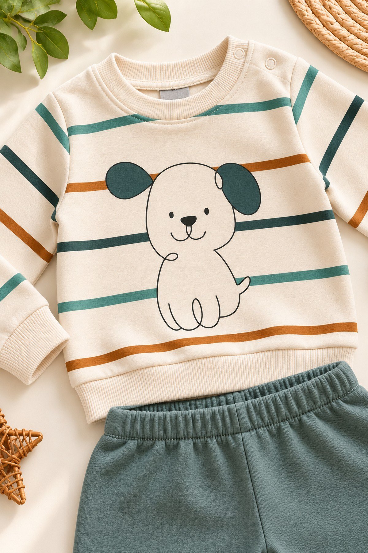Erkek Bebek Çizgili Köpek Baskılı Omuzdan Çıtçıtlı Sweatshirt 2'li Alt Üst Eşofman Takımı 3-12ay